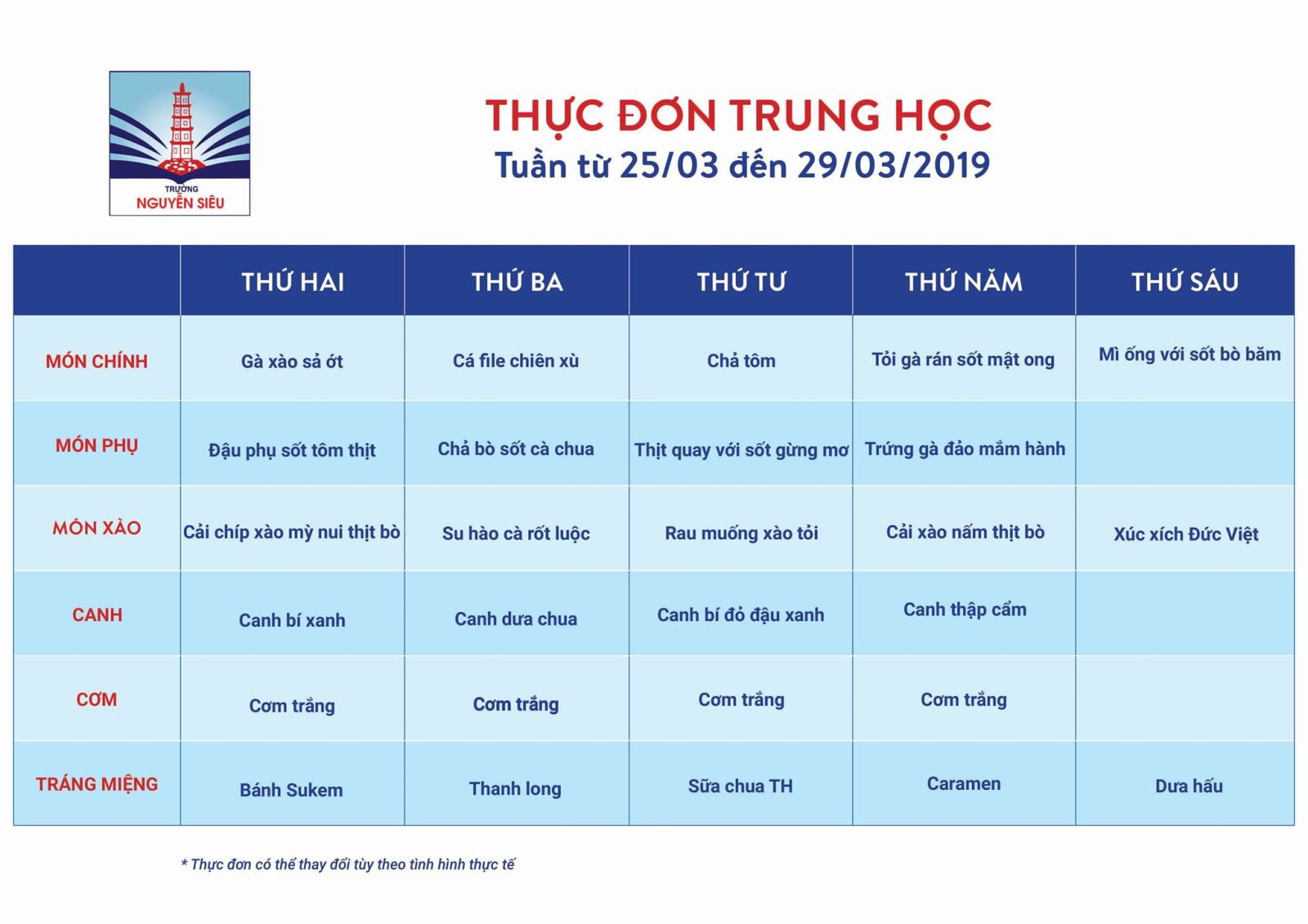 Thực đơn tuần 25-29/3/2019