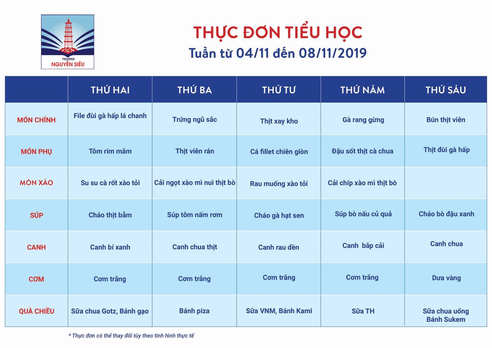 Thực đơn hai tuần, từ 4-22/11/2019