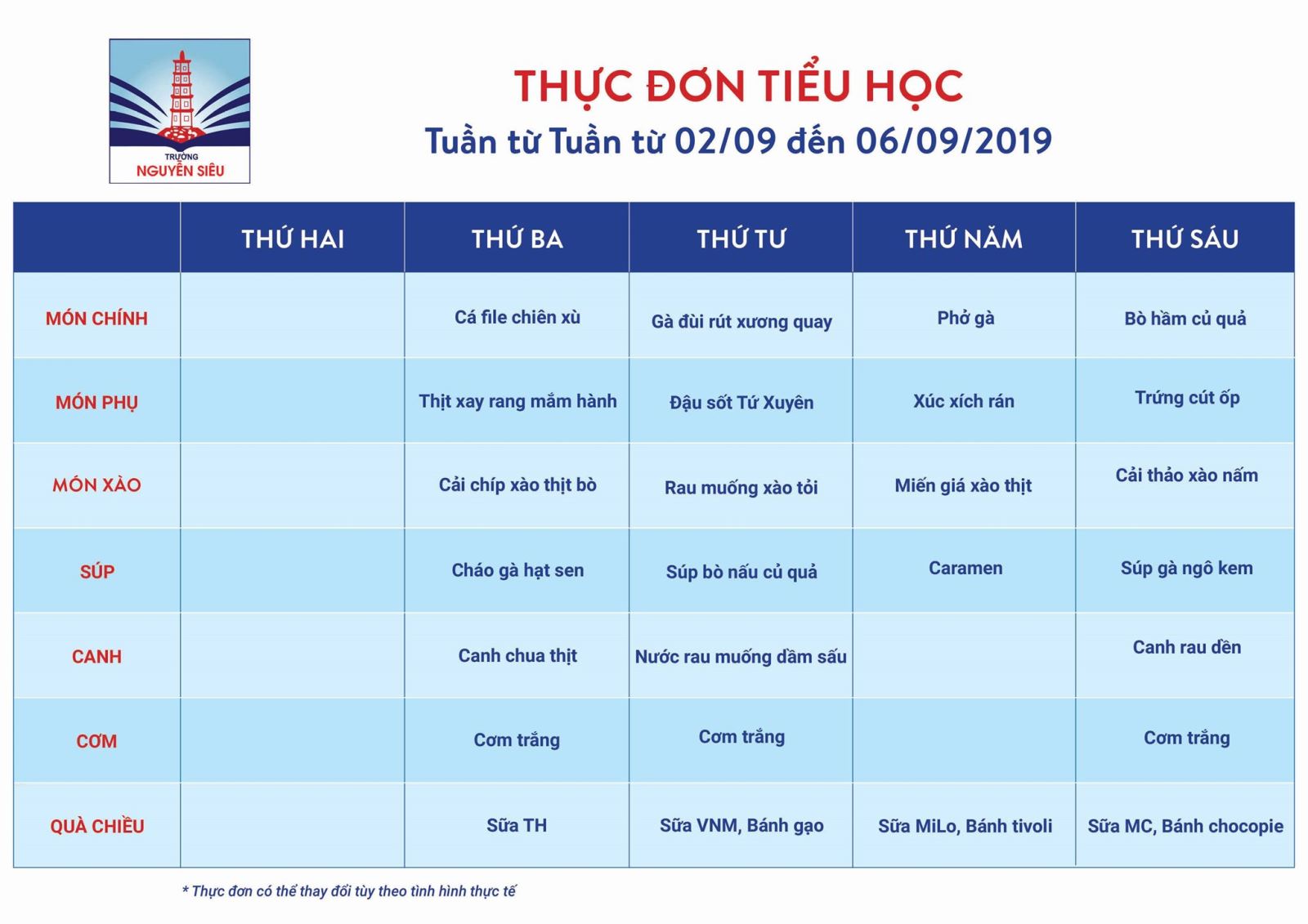 Thực đơn tuần từ 3-6/9/2019