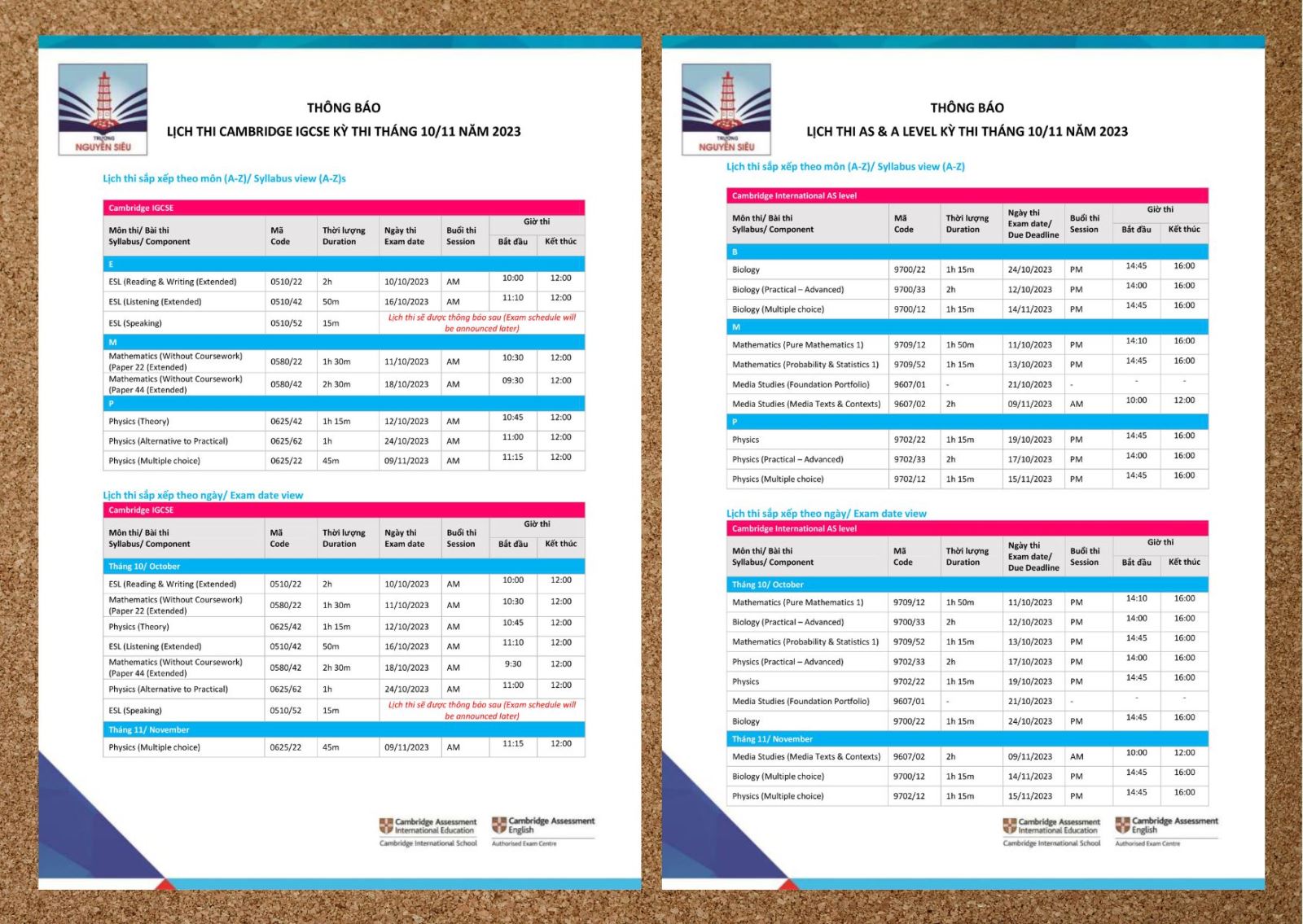 LỊCH THI CAMBRIDGE IGCSE, AS/A LEVEL THÁNG 10/11 NĂM 2023