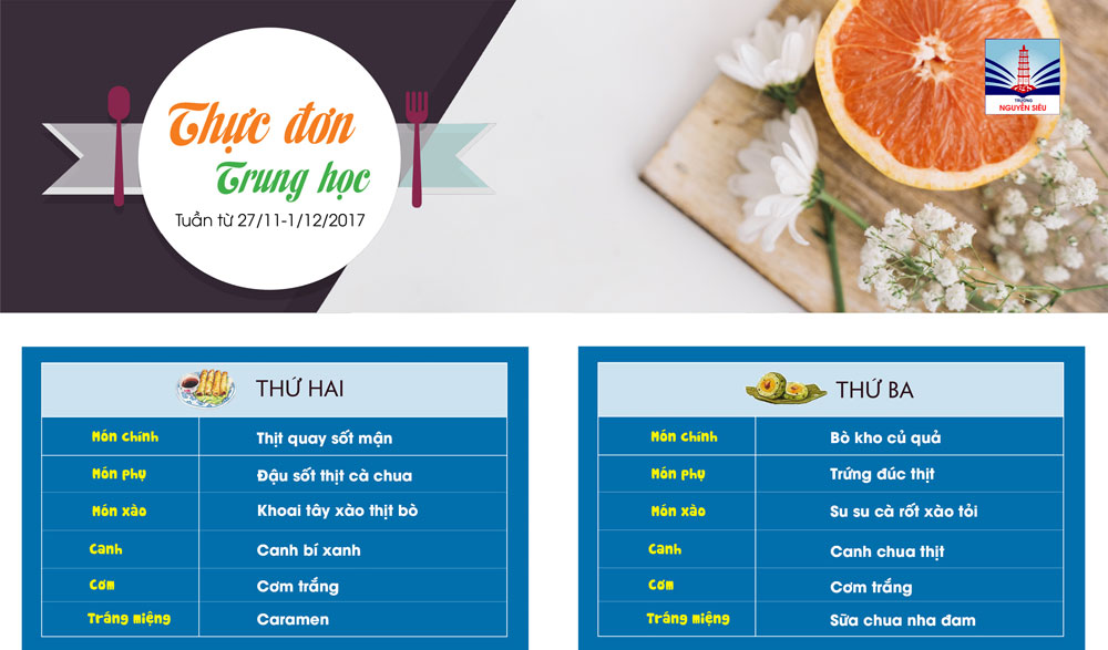 Thực đơn Tuần từ 27/11-01/12/2017