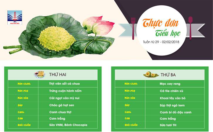 Thực đơn tuần từ 29/1 tới 2/2/2018