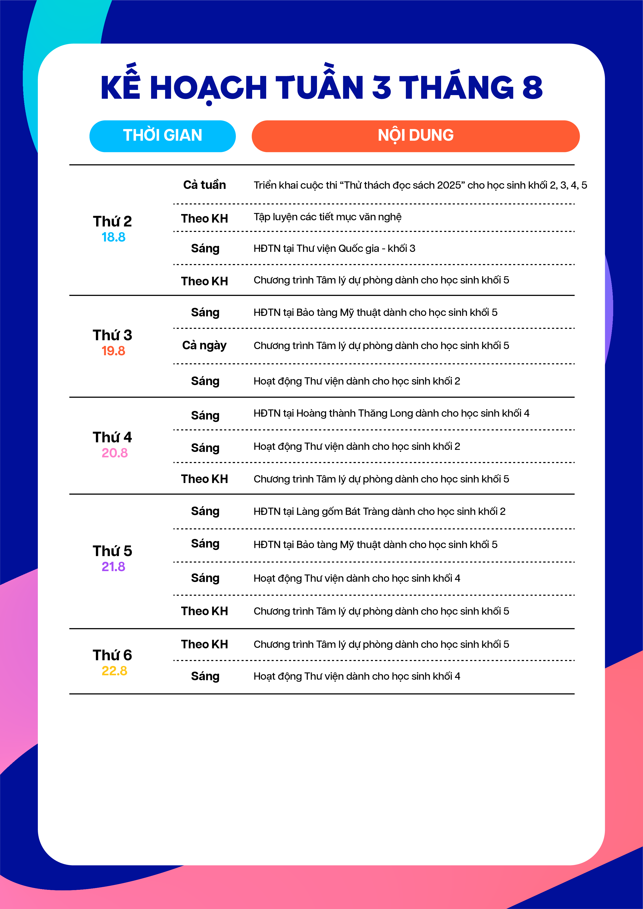 KẾ HOẠCH TUẦN 3 THÁNG 8